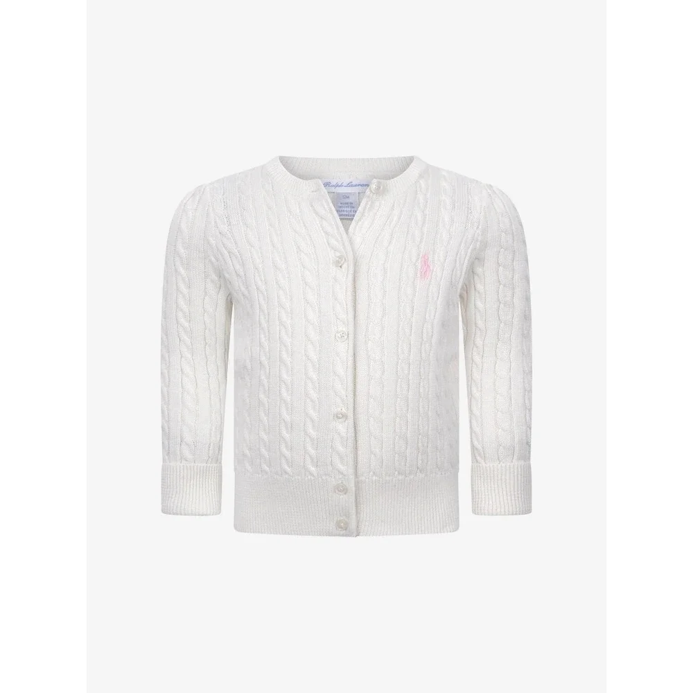 Polo Ralph Lauren Kids White Cable Knit Cardigan Pink Pony Sweater 12M